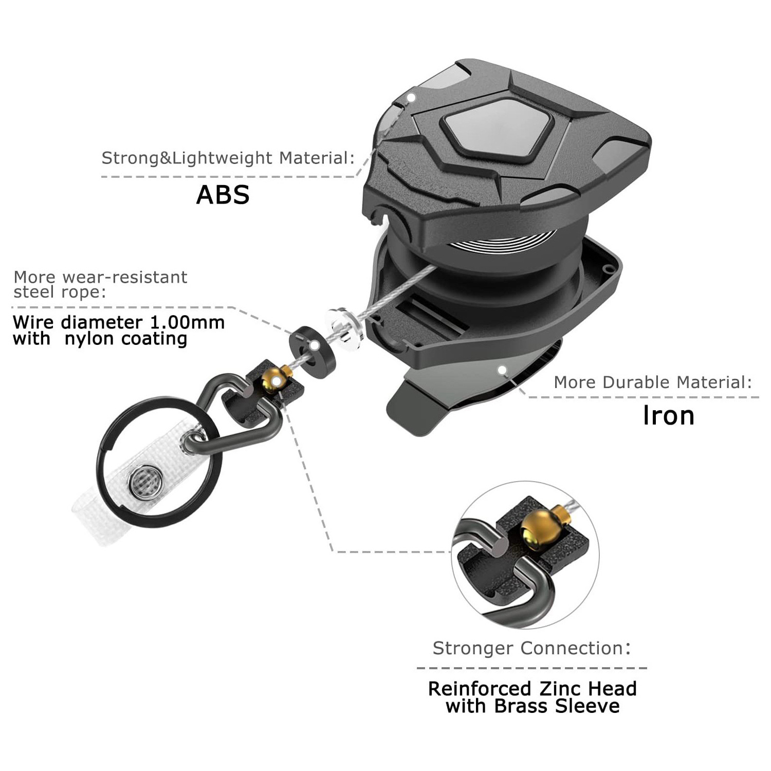 Picture of Heavy duty retractable high stretch ABS carabiner black triangle shield type with belt clip ID key chain