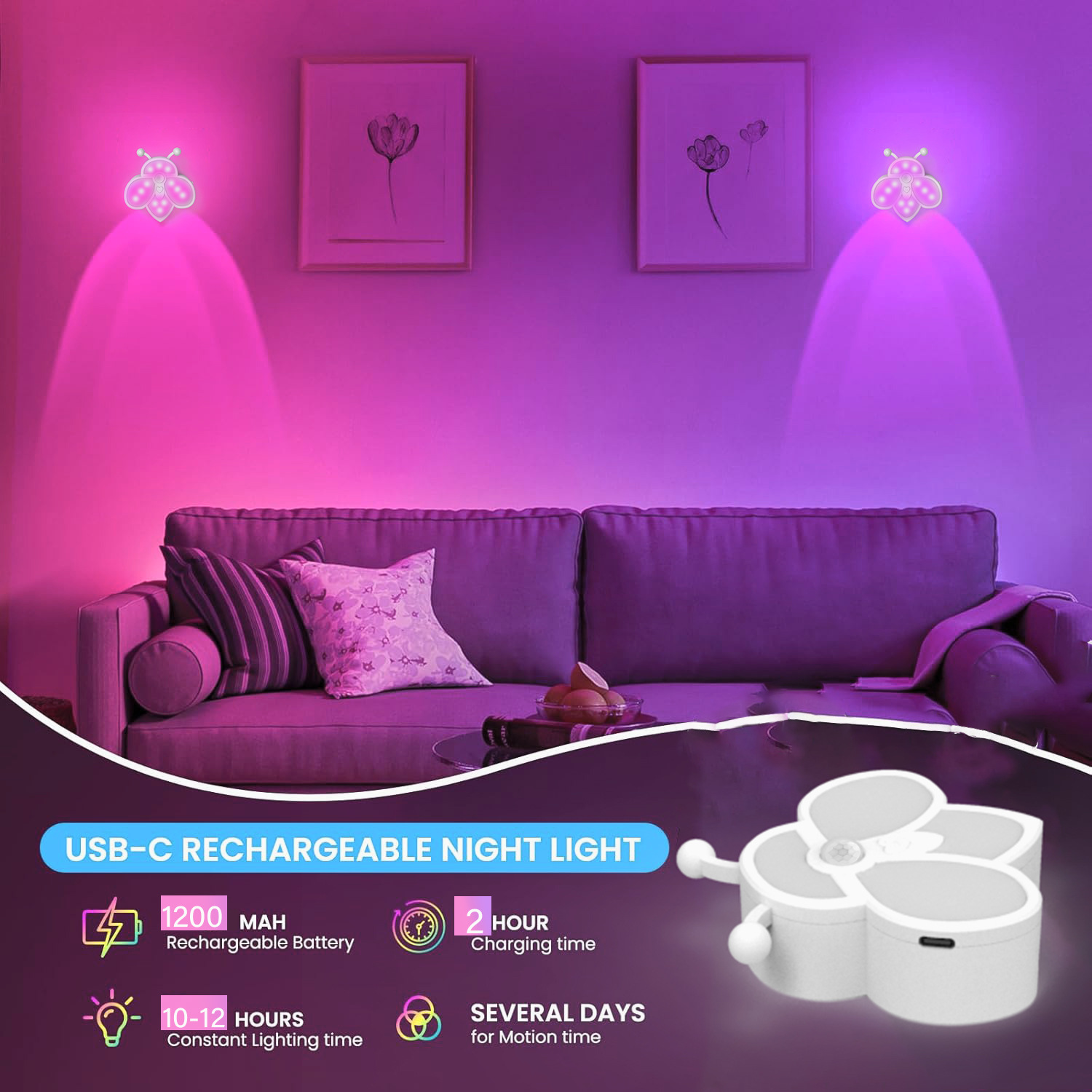 Human Body Sensor Night Light Bedroom Bedside Lamp Led Magnetic Cabinet Light Rechargeable Colorful Bee Shape Aisle Light