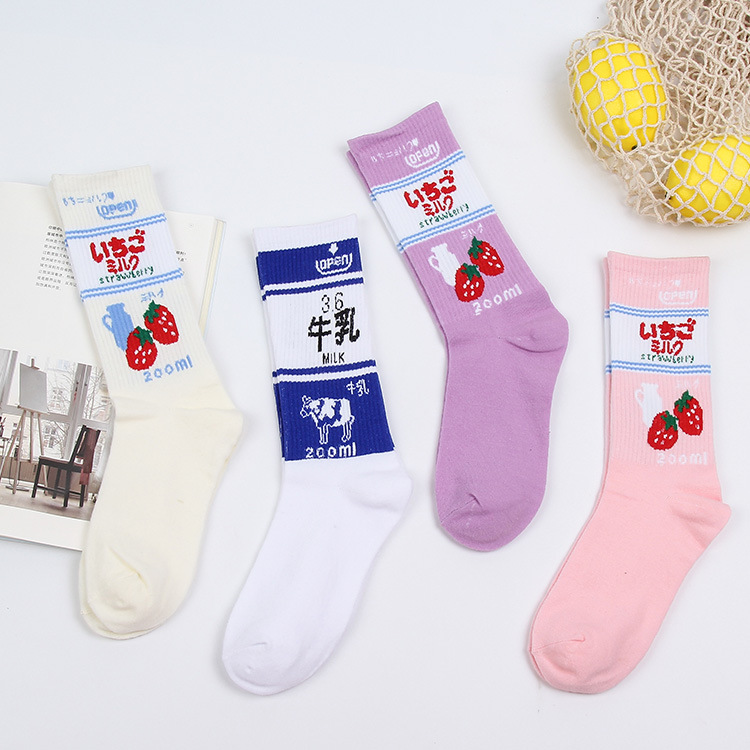 Autumn and winter new cartoon milk strawberry sweet series ladies high socks wholesale cotton sweat-absorbent casual tide socks