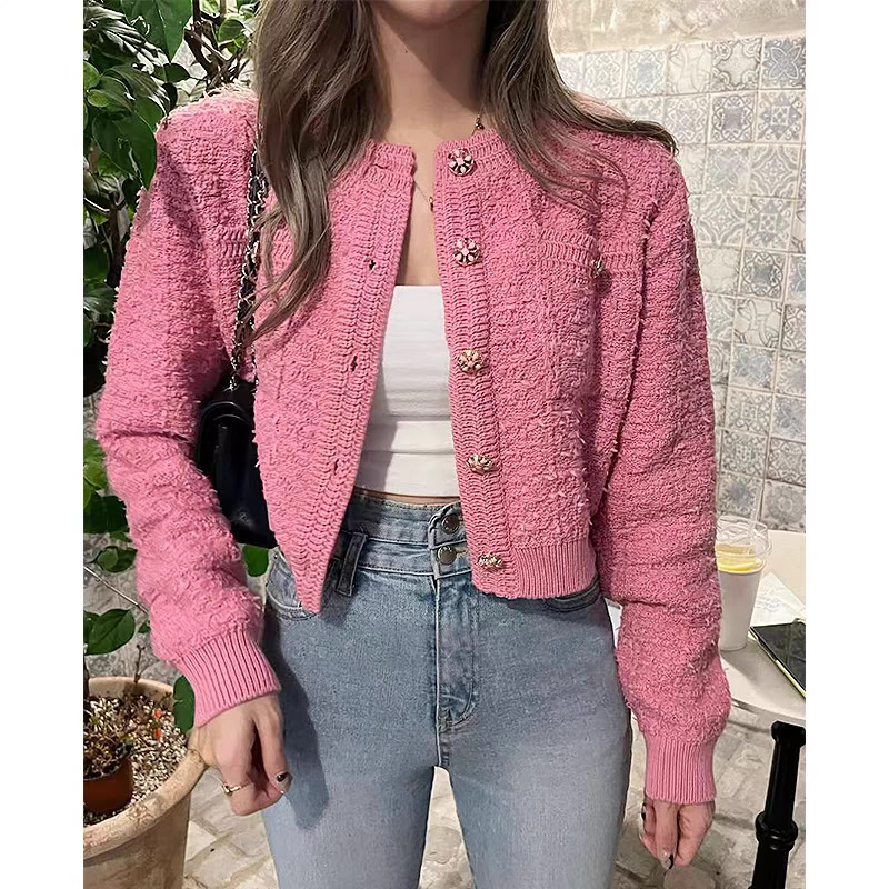 South Korea Dongdaemun Women's Autumn New Crochet Round Neck Single-breasted Long-sleeved Sweater for Women