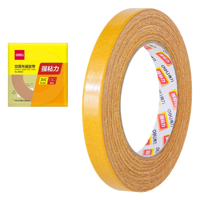Deli 30802 double-sided cloth tape 15mm * 20m * 280 μm (Brown)(1 roll/Heat Shrinkable) strong adhesion