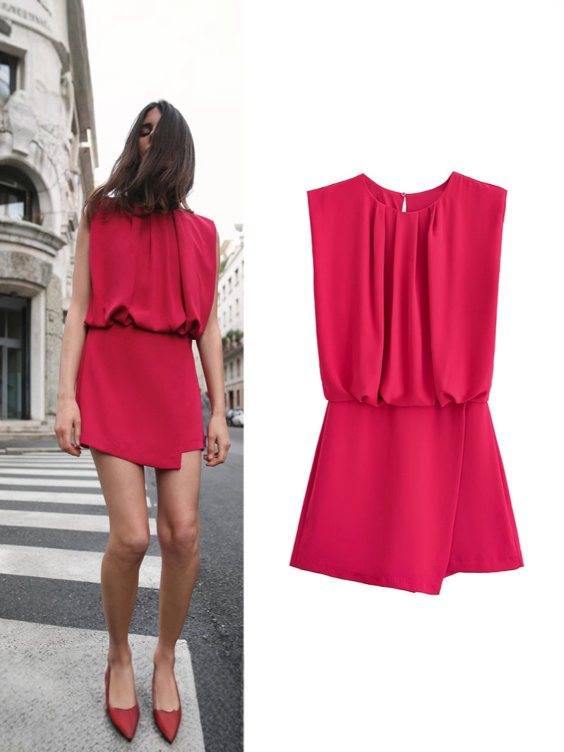 Cross-Border Supply 2025 Spring New Women's Slim Fit Simple Round Neck Sleeveless Pleated Design High Waist Jumpsuit