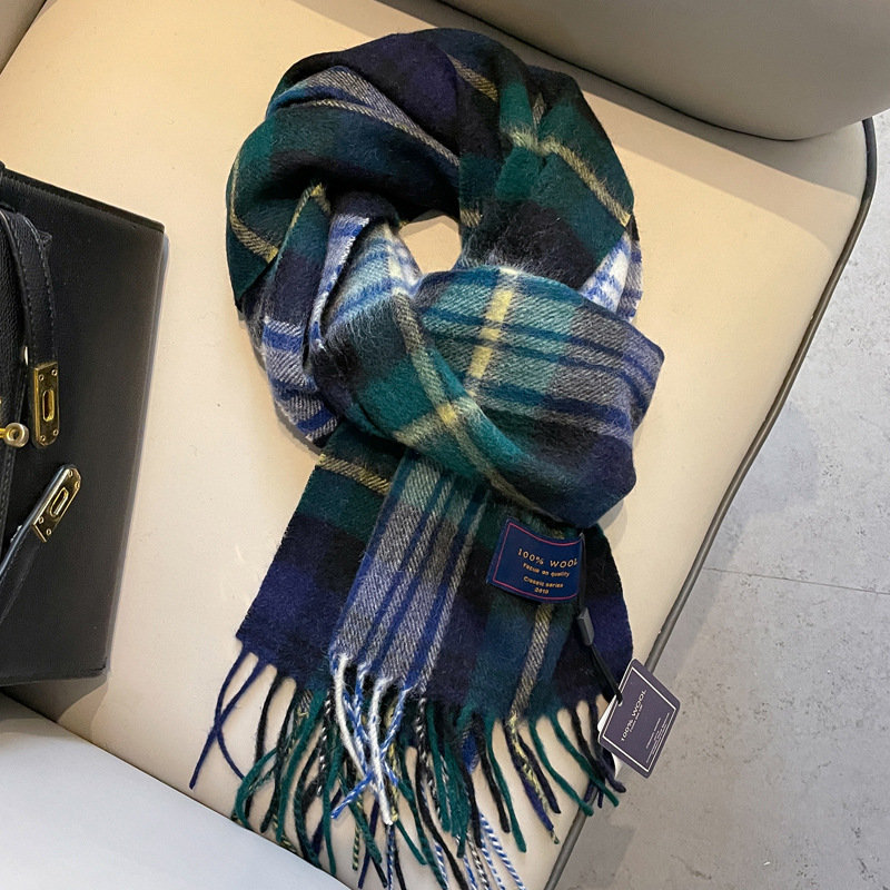 Dark green plaid pure wool scarf women's winter British classic Scottish plaid men's cashmere scarf thickened warm