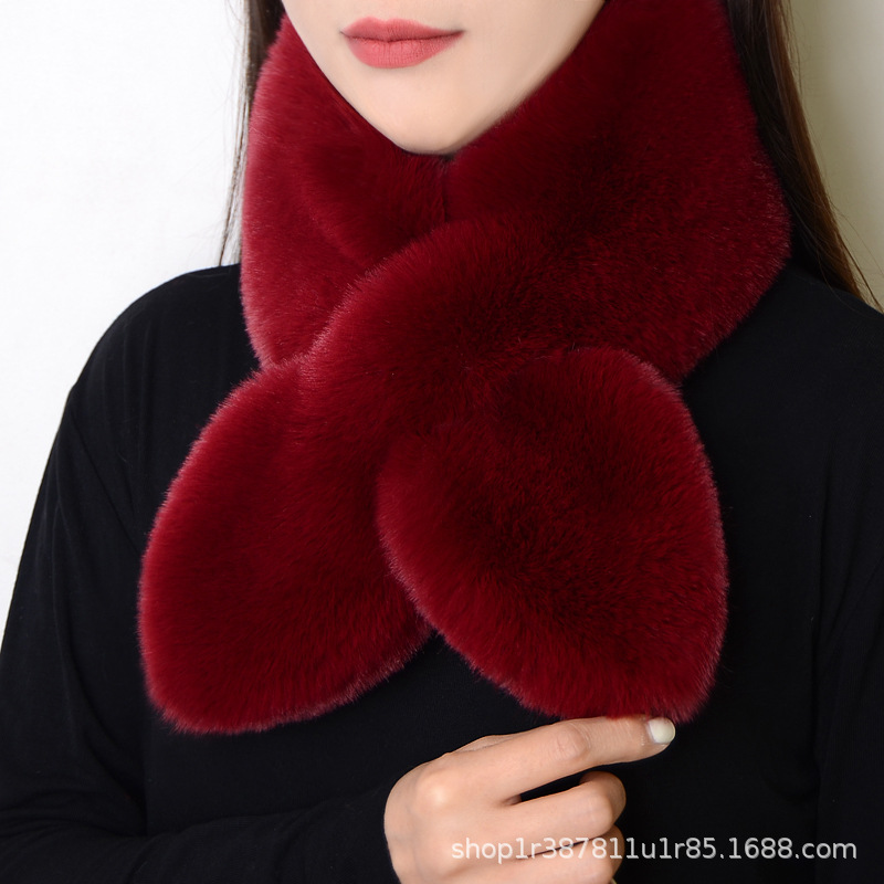 Picture of Internet Celebrity Plush Scarf Women's Winter Imitation Rex Rabbit Fur Thickened Warm Neck Protection All-match Simple Cross Fur Collar