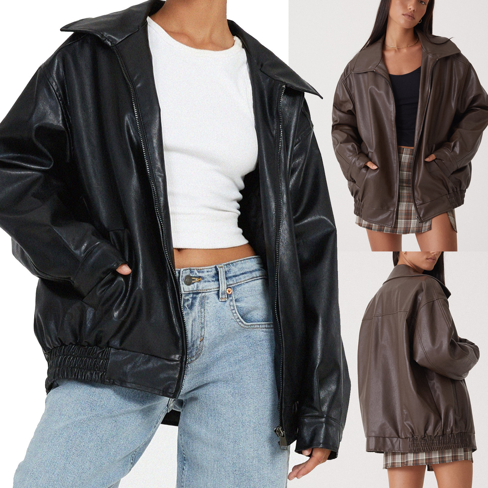 European and American style foreign trade autumn women's lapel leather jacket women's pu leather jacket motorcycle style foreign trade jacket