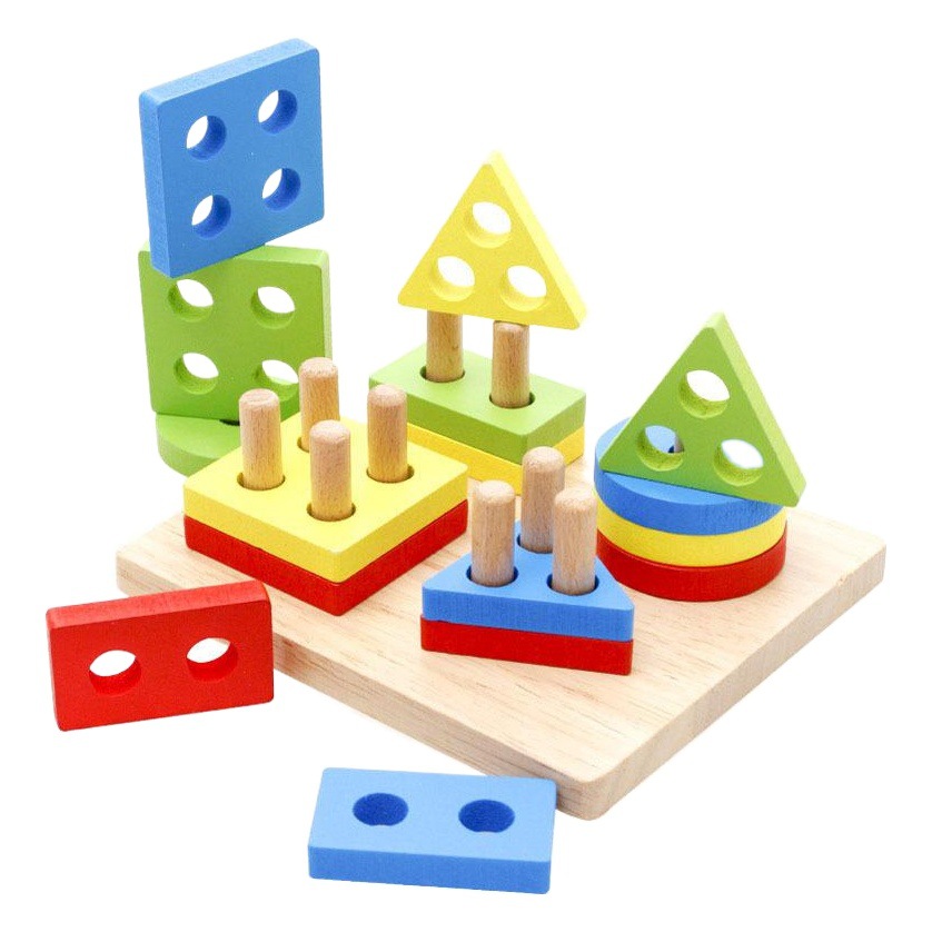Wooden Four Sets of Column Building Blocks Geometric Intelligence Board Children's Educational Set Cylindrical Matching Cognitive Early Education Toys Puzzle