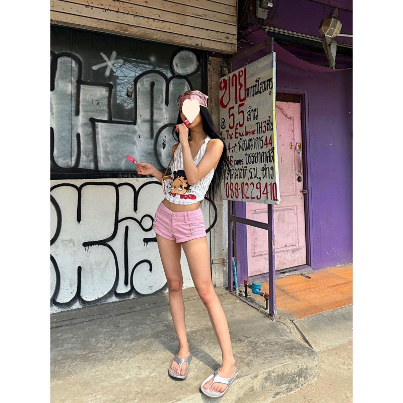 Pink American Style Hot Girl Corduroy Pit Striped Low Waist Shorts Women's New Sweet Cool Slim Outer Wear Hip Super Shorts