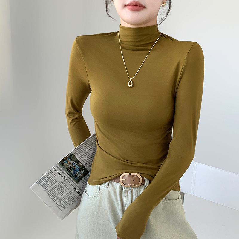 Picture of H528 Half-high Collar Mask Shirt Women's Inner Wear Autumn and Winter Sanding Base Shirt Slim-fit Warm Outer Wear Long-sleeved T-shirt Top