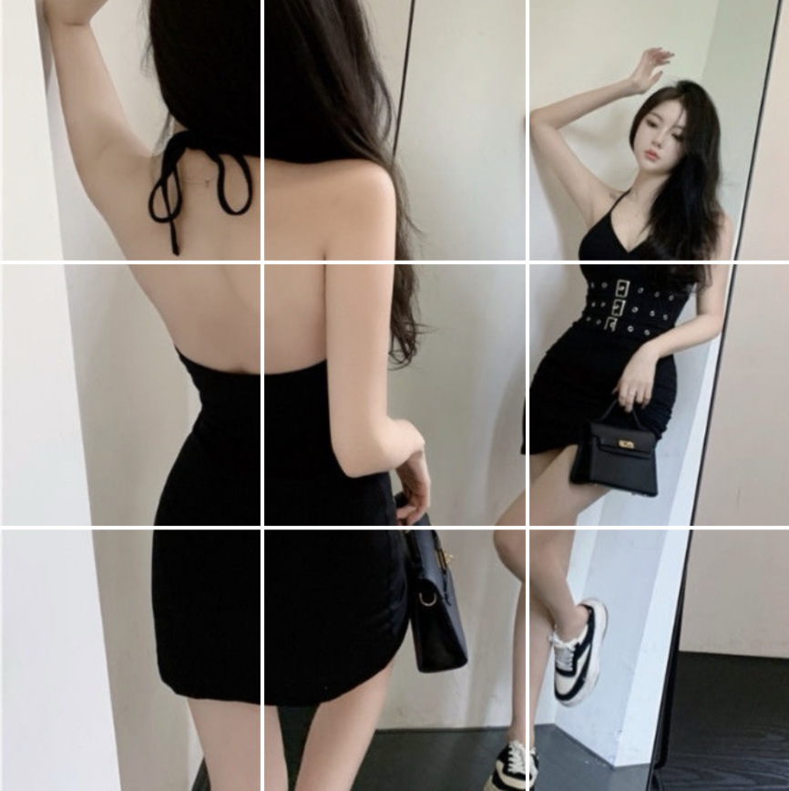 Picture of Summer Metal Buckle Neck Design Sense Dress Women's Sexy Backless Hip Skirt 8788 Three-Row Nail Black Skirt