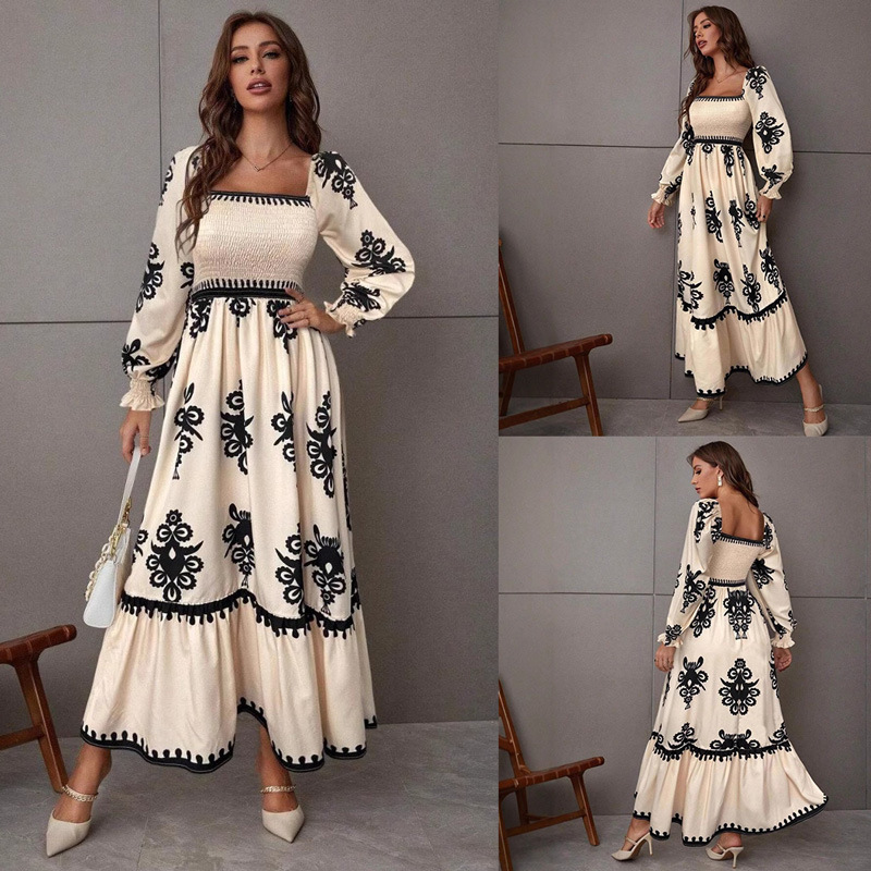 Real Shot Spot 2025 New Export Aliexpress European and American Elegant Printed Square Collar Long-Sleeved Dress
