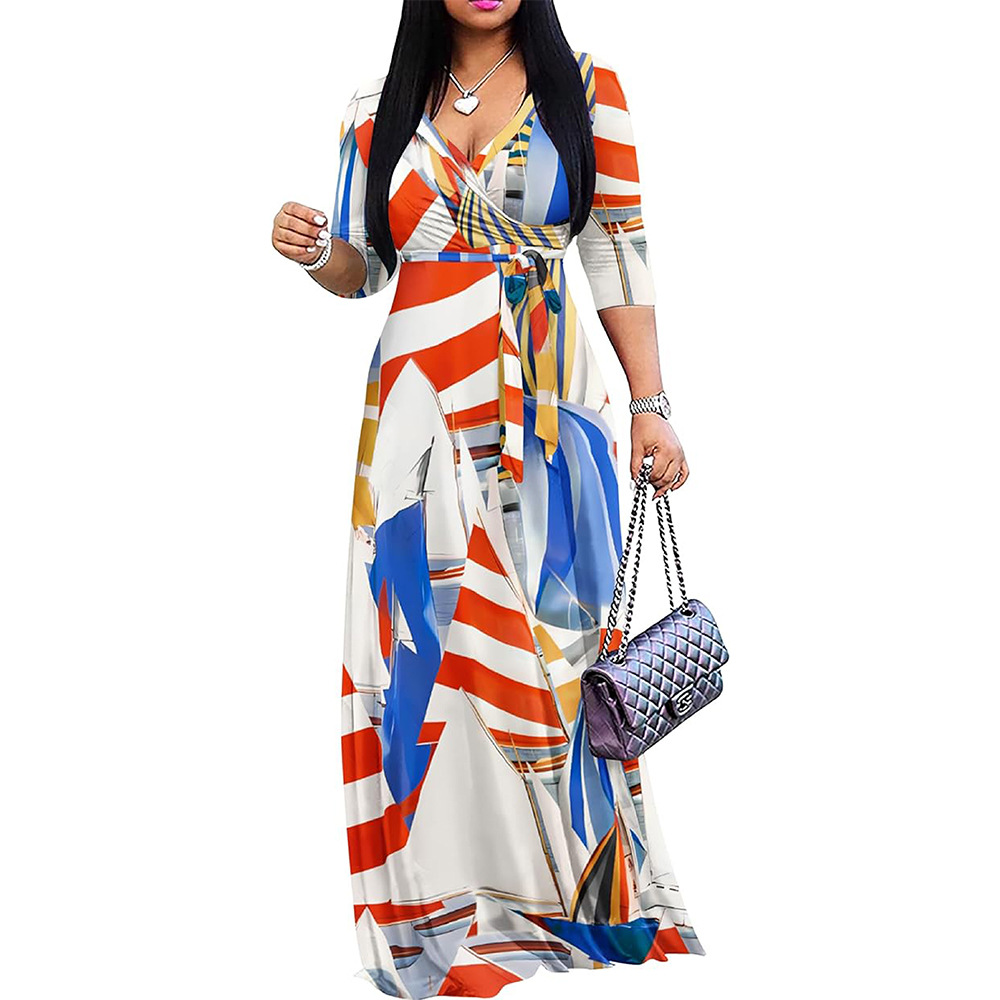 Picture of European and American Cross-border 2025 AliExpress New Summer Amazon plus size Women's Printed chubby girl Half Sleeve Dress