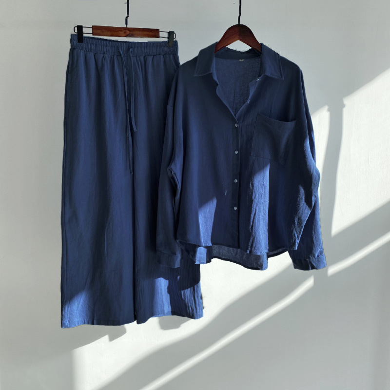 Picture of Cross-border Amazon Women's 2-piece Vintage Plus Size 2022 Cotton and Linen Shirt Set High Waist Loose Trousers