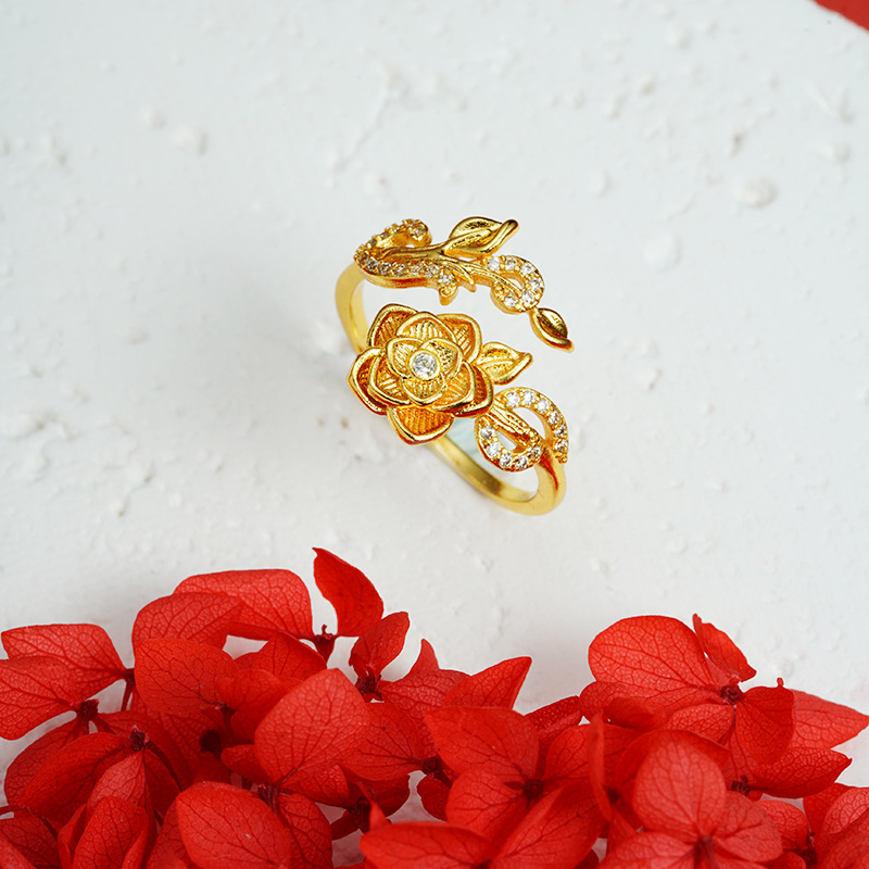 New Vietnamese Sand Gold Ring, Light Luxury Style Diamond-Encrusted Rose Ring for Women, Simple Design, Long-Lasting Jewelry