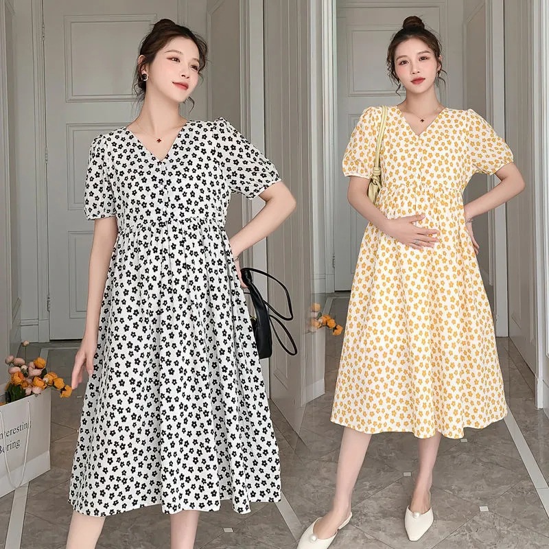 Picture of Maternity Summer Loose Slimming Mid-length dress Fashionable Elegant V-neck Floral Outgoing Summer Breastfeeding Clothes