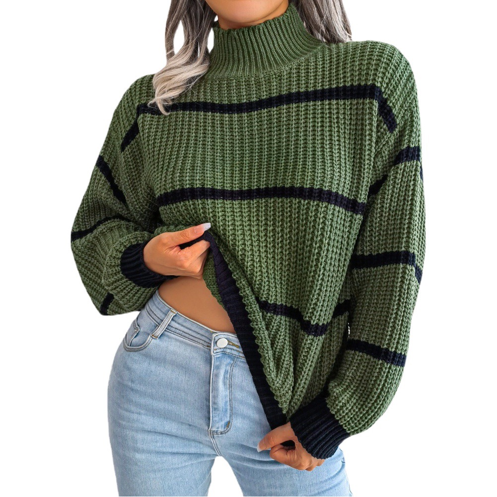Picture of Real Shot of 2025 Autumn and Winter European and American Casual Stripesd Lantern Sleeve Half Turtleneck Knitted Sweater Amazon Cross-Border Women's Clothing