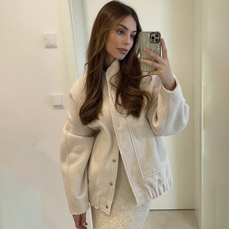 2023 fashion casual cross-border hot AliExpress Amazon European and American simple pocket woolen long sleeve autumn and winter coat