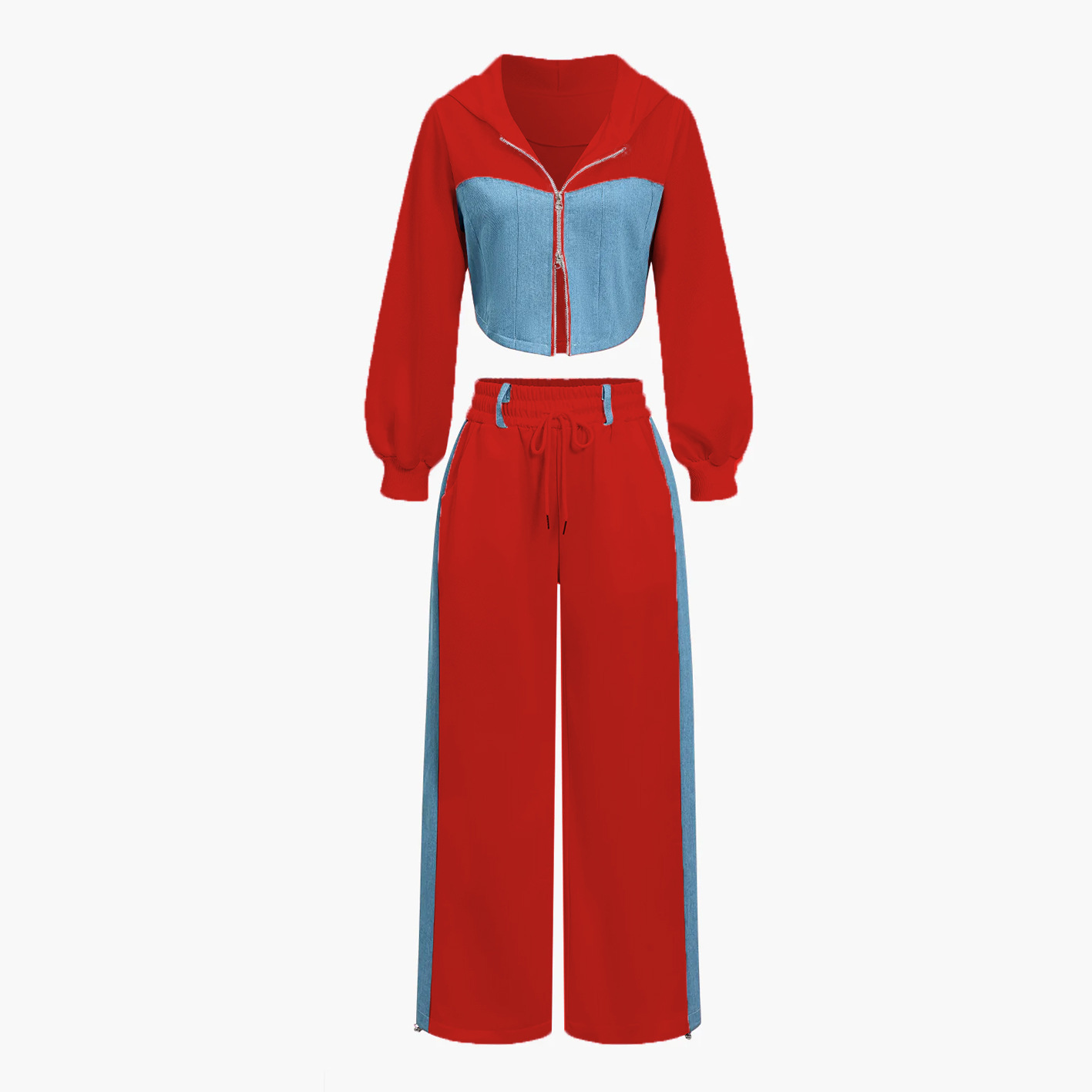Picture of 2025 Cross-Border European and American Style Fashion Casual Sweatshirt Suit Denim Splicing Hooded Top and Pants Two-Piece Set for Women