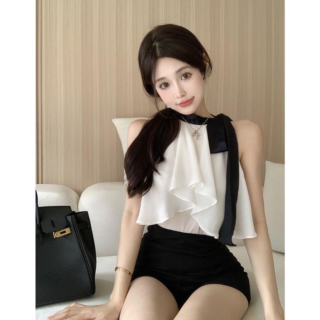 Women's chiffon shirt Korean-style round neck lace-up bow sleeveless sexy shirt summer fashion loose slimming top fashion
