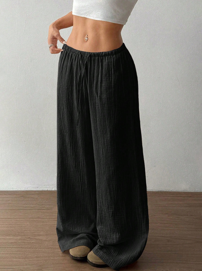 European and American 2025 Amazon New Fashion Drawstring Versatile Solid Color Loose Wide-Leg Pants Lazy Style Casual Long Pants for Women