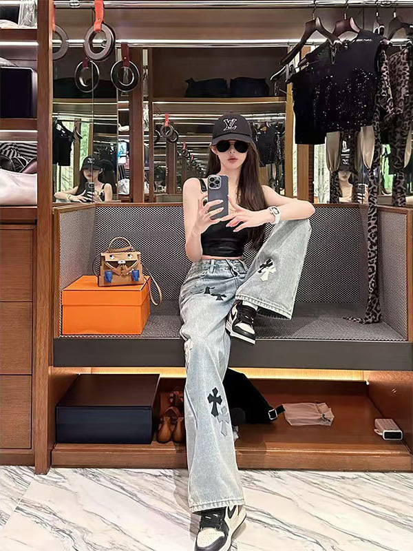 Chill Qiaoer Ch * Denim Long Leg Plan Retro Cross Wide Leg Pants Mop Pants Jeans Women