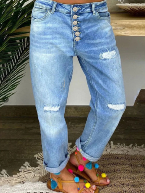 Independent Station Cross-border European and American Ripped Jeans Women's Spring and Autumn New Low Waist Loose Slimming Straight Jeans
