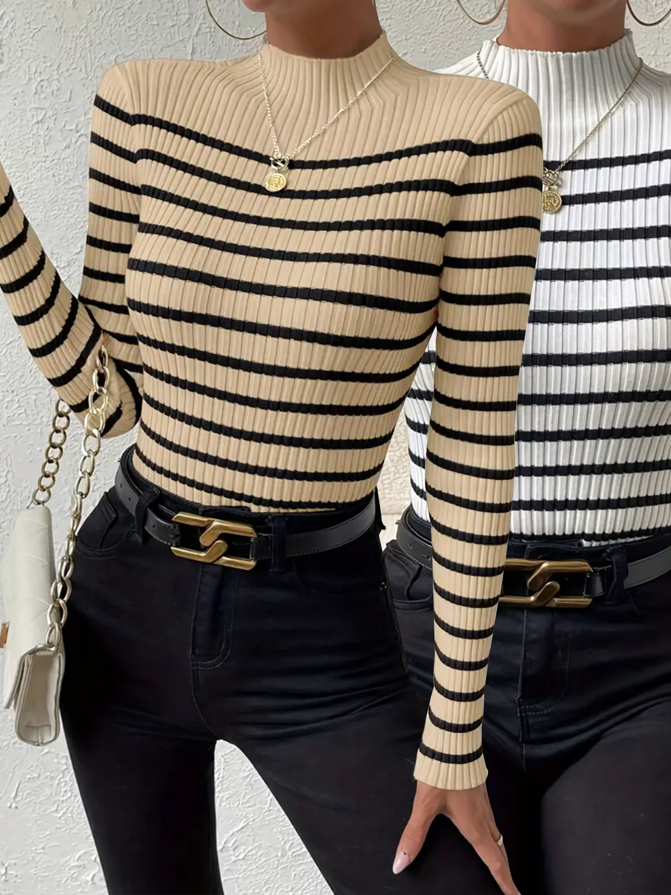 Foreign trade cross-border Europe and the United States Amazon source manufacturers two-piece sweater high collar long sleeve striped sweater spring and autumn