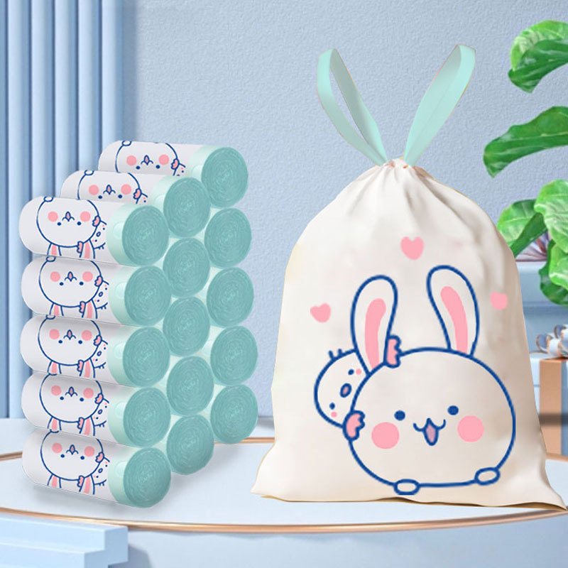 Large Drawstring Garbage Bag Household Portable Thickened Kitchen Printing Automatic Capping Plastic Cleaning Bag