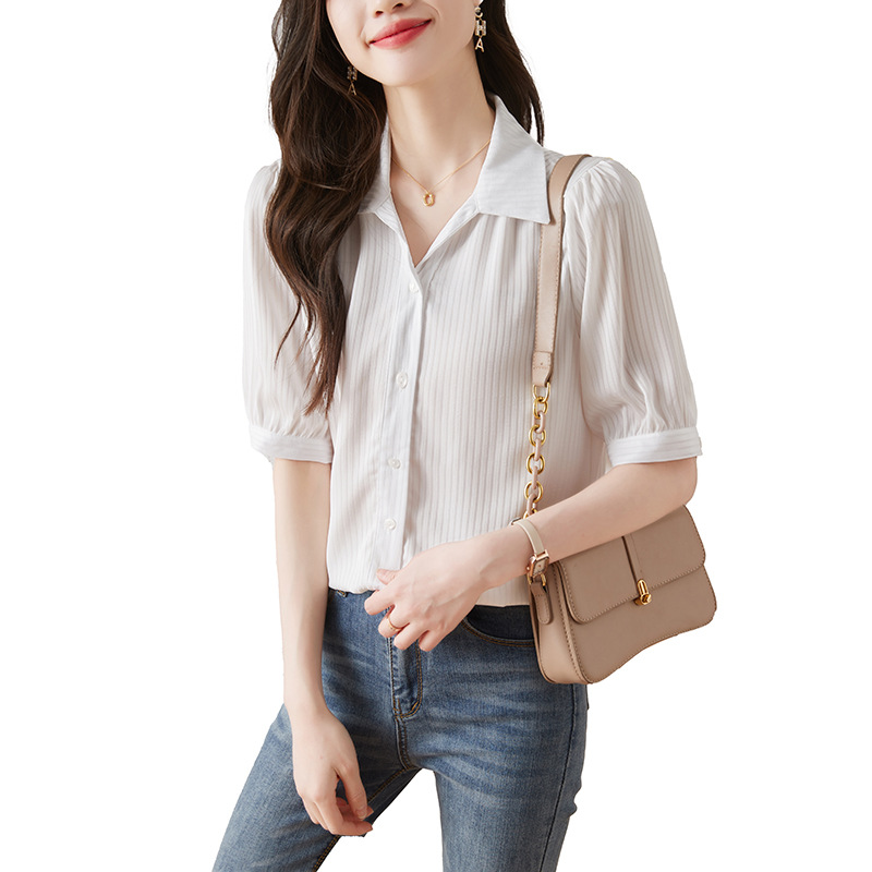Picture of Half sleeve white shirt women's summer thin design V-neck shirt commuter shoulder short sleeve chiffon top