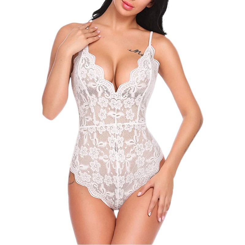 New European and American Foreign trade Women's passion sexy lingerie lace halter tights deep V sexy lace jumpsuit