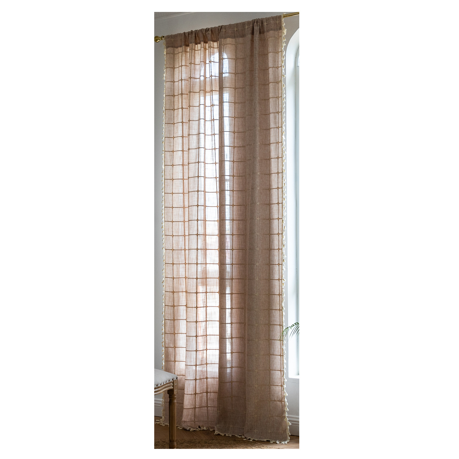 Picture of Sien cross-border popular curtain finished product punch-free Rod set American living room bedroom tassel balcony Plaid curtain