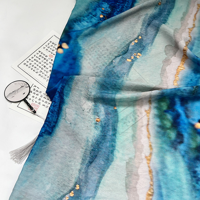 New Chinoiserie Blue Ethnic National Style Digital Printing Fabric Brocade Cotton Fabric Cheongsam Dress Top Han Dynasty Fabric