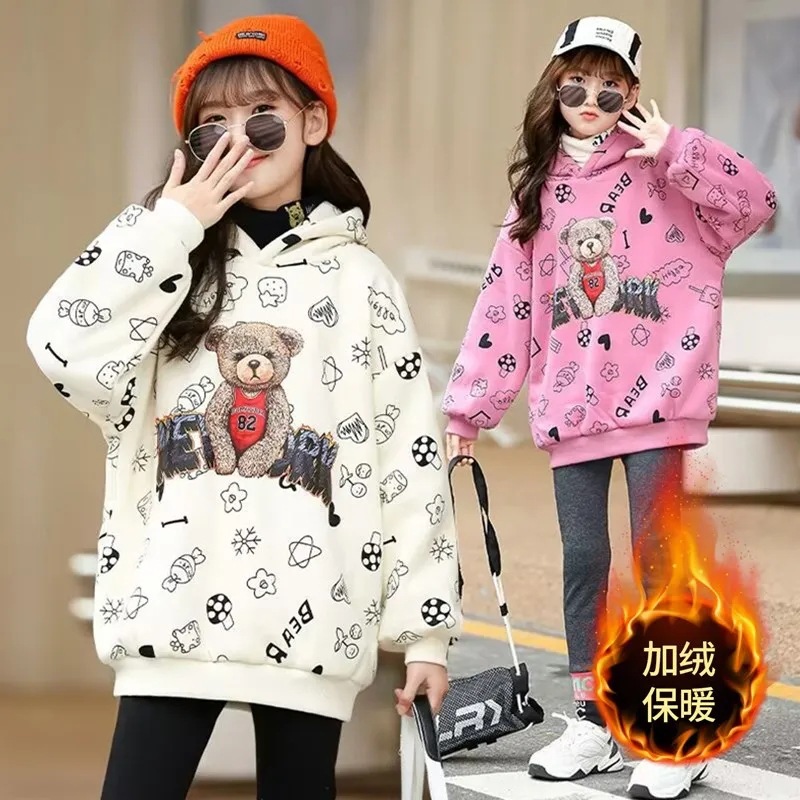 Children's Sweat fleece-lined Autumn Western Style All-match New Korean Style Children's fleece-lined Thickened Autumn Long-sleeved Hooded Top