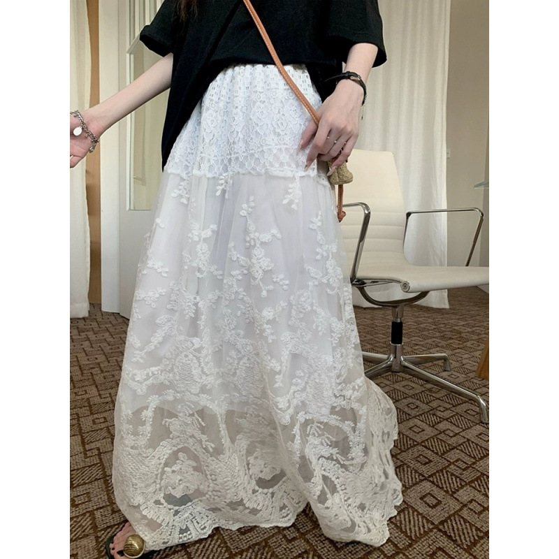 White Lace Skirt for Women with High Waist Design, Niche Pear-Shaped Figure, French Elegant, Slimming Look Long Skirt, A-Line Skirt