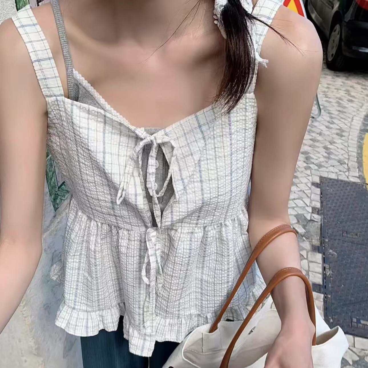 Korean Chic Loose Plaid Front and Back Two-Wear Suspender Lace-Up Ruffle Vest for Women Summer 2025 New Style