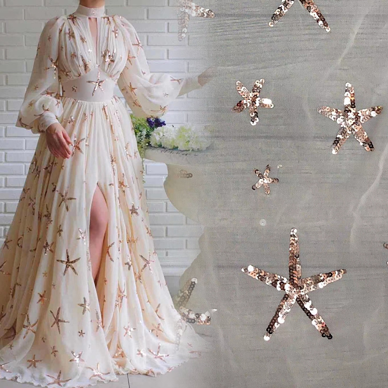 Sequin Pentagram Chiffon Embroidered Fabric Multicolor Dress Embroidered Cloth Golden Beaded Mesh Fabric
