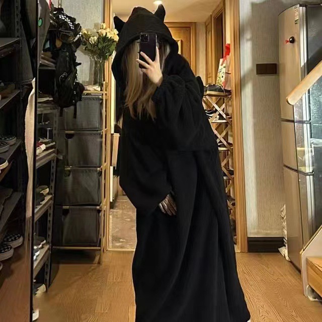 Korean style Internet celebrity hooded little devil coral fleece pajamas women's winter thickened fleece-lined 2023 new nightgown home wear