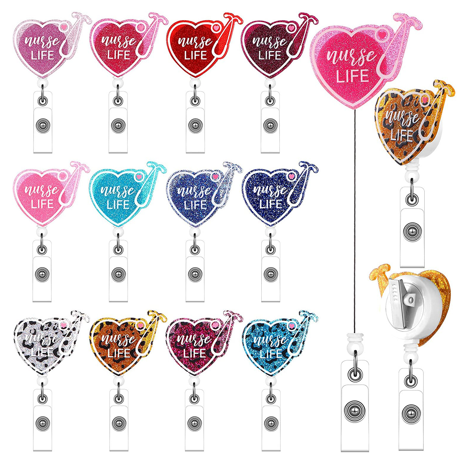 Doctor Nurse Glitter Acrylic Heart Stethoscope Retractable Rotating Alligator Clip Easy Pull-up ID Buckle