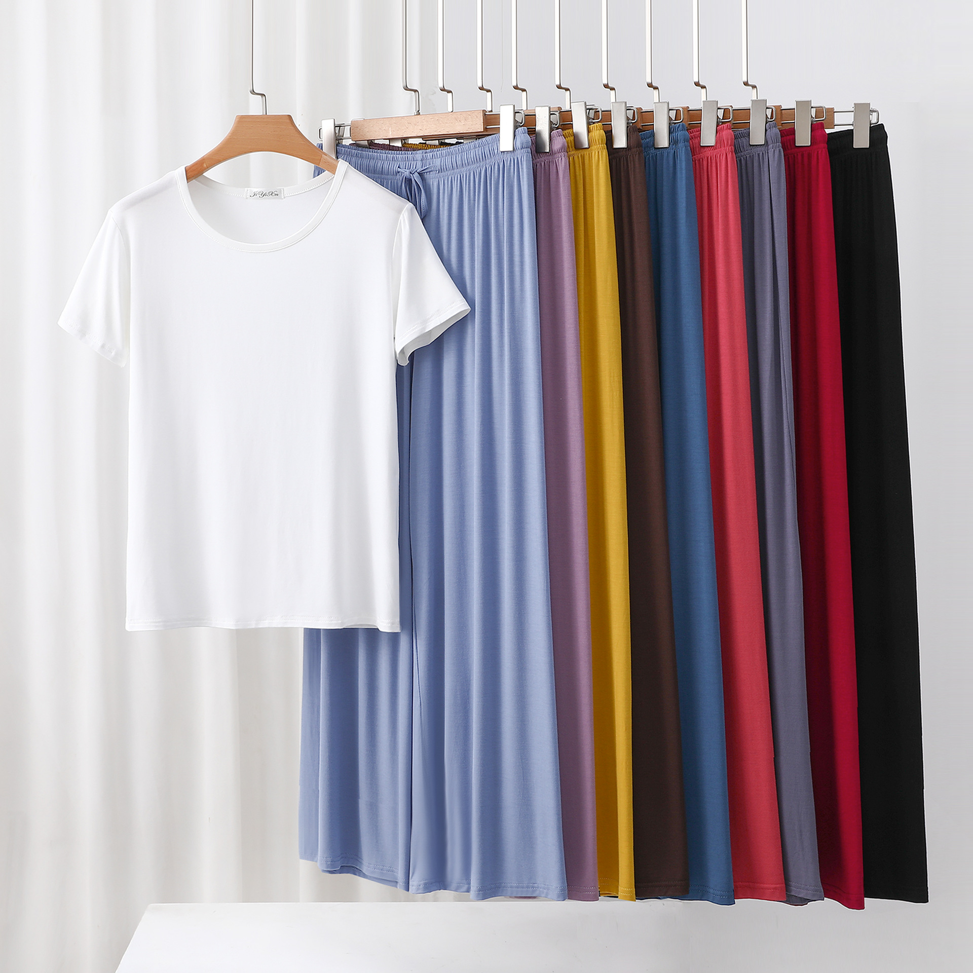 Modal Pajamas Women's Summer Thin Stretch Short-Sleeved Trousers Casual Half-Sleeved Wide-Leg Pants suit Outfit for Home