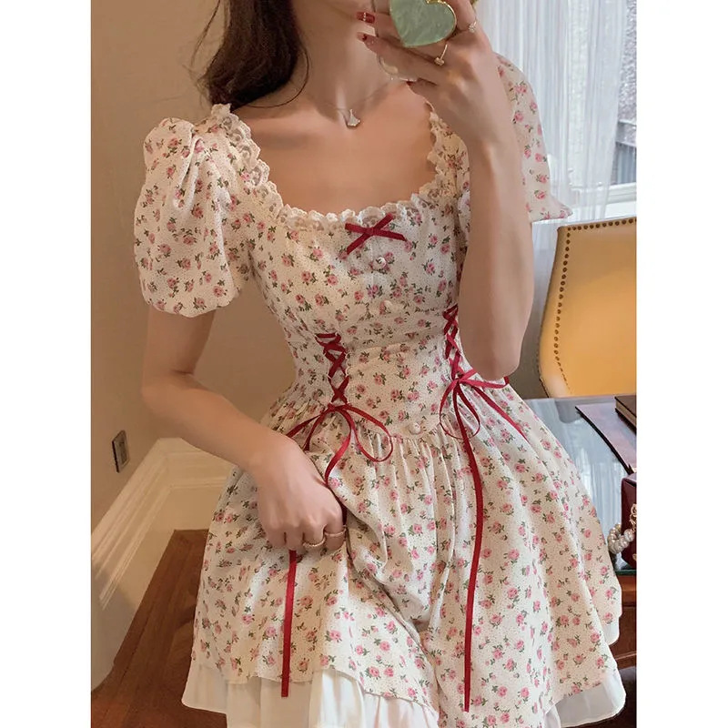 2024 Summer Fresh Style Dress Summer Mori Style Bubble Sleeve Bow Strap Lace Ruffled dress