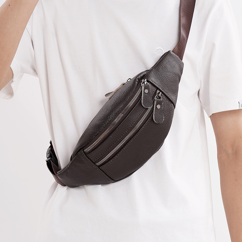 Picture of Genuine Leather Men's Waist Bag, First-Layer Cowhide, Multi-Functional Chest Bag, Crossbody Bag, Sports Mobile Phone Bag, Wear-Resistant Waist Bag for Work
