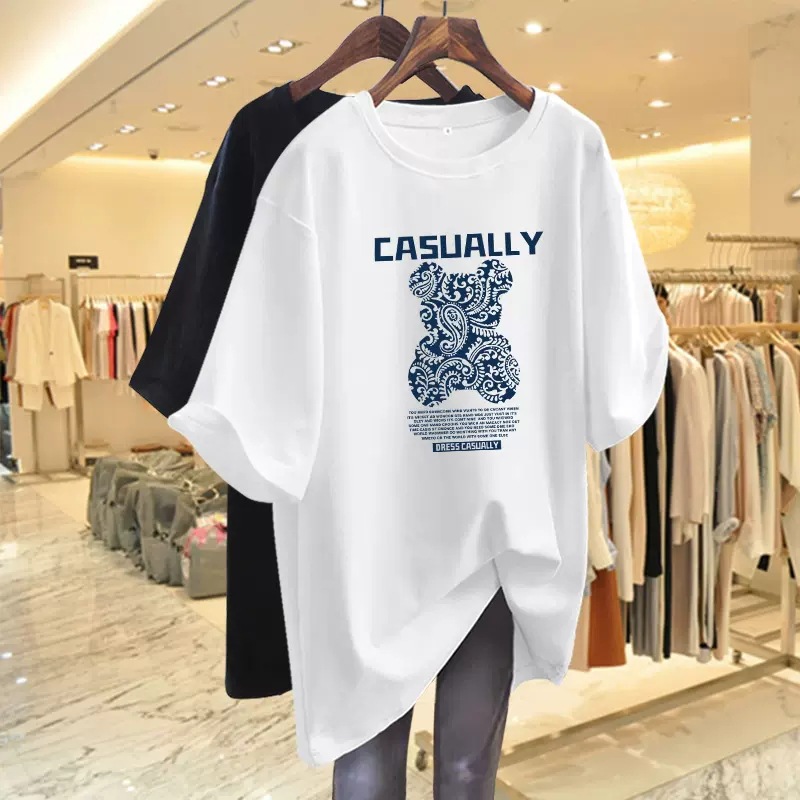 Dark Green Loose Cartoon Bear Short-sleeved T-shirt Women's 2023 Spring and Summer New Fashion Brand European Goods Large Edition Long Top