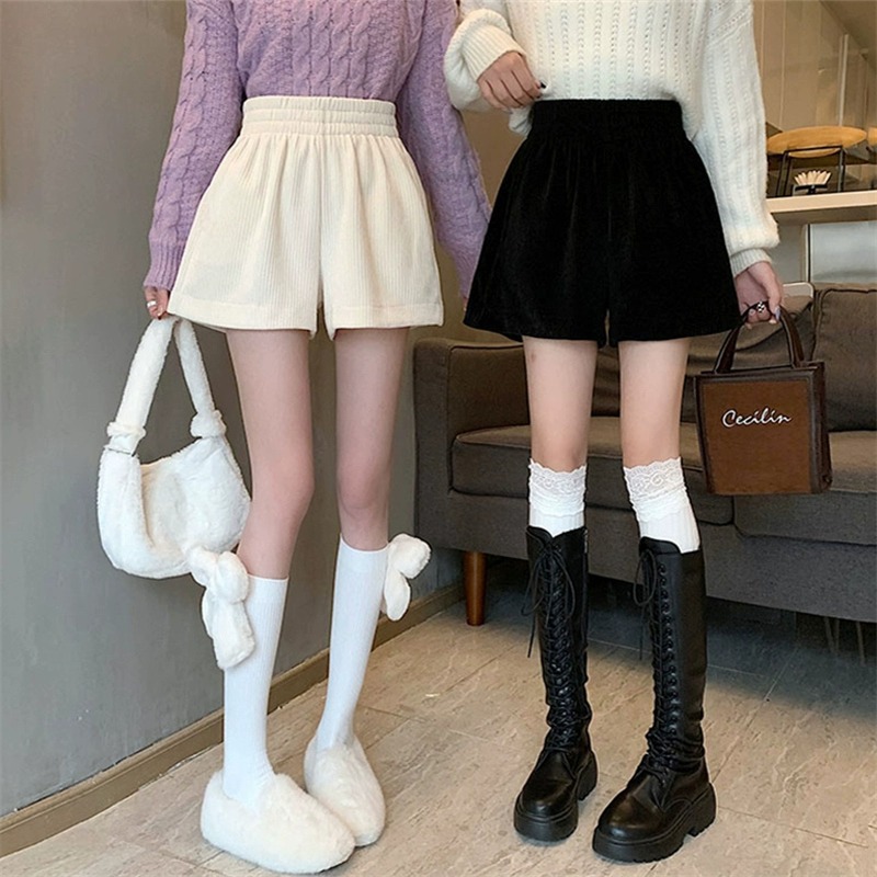 Corduroy Shorts for Women 2025 Autumn and Winter New Style Elastic Waist Loose Slimming A-Line Casual Wide-Leg Pants Bootcut Pants