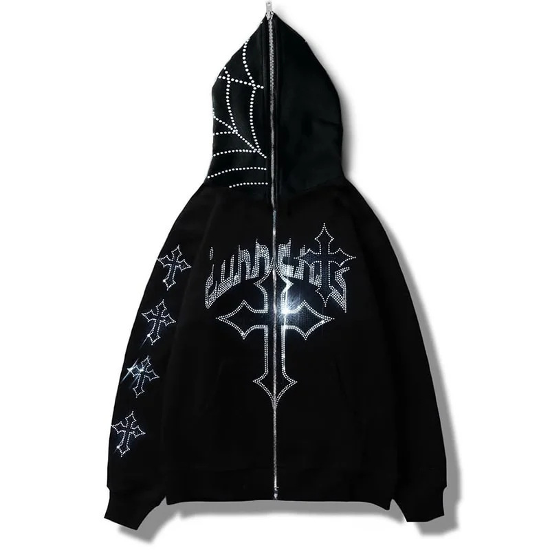 Picture of Foreign trade Y2K Europe and the United States cross-border personality hot diamond printed sweater cardigan street tide casual hip-hop zipper pullover
