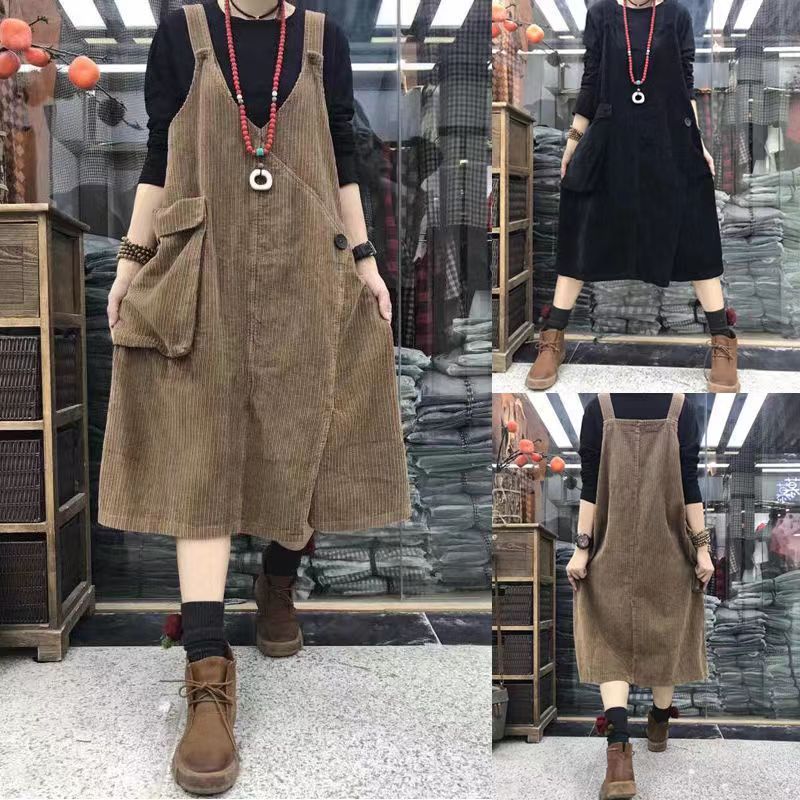 Autumn and Winter New Loose Vintage plus size Women's Corduroy Suspender Skirt for Chubby Women Slimming Age-reducing Slip Skirt
