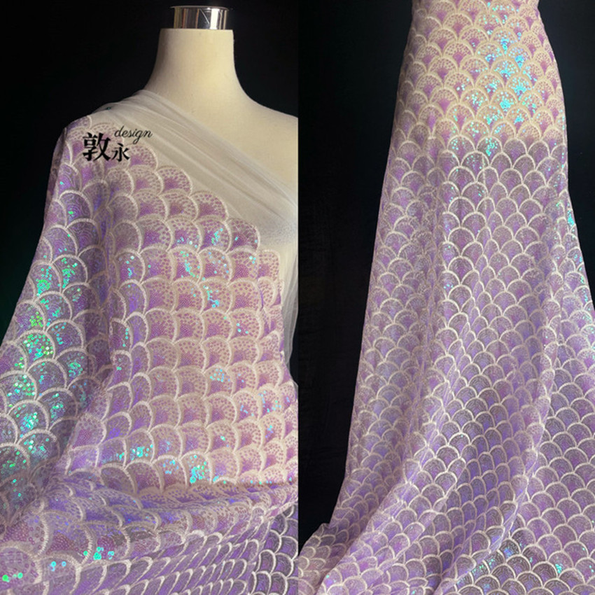 Ocean Mermaid Symphony Fish Scale Sequin Laser Embroidery Mesh Fabric Fantasy Background Clothing Designer Fabric