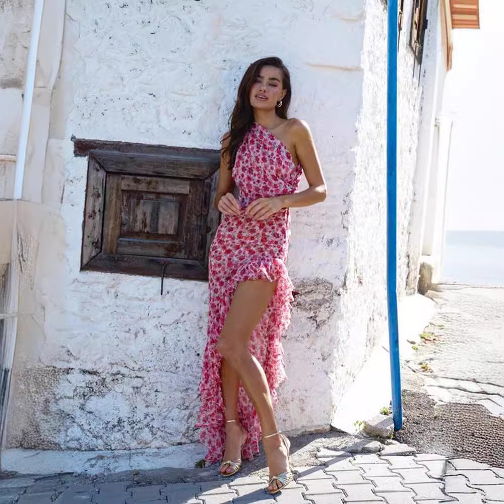 Summer Ruffled Fashion Irregular Dress Vacation Slope Neck Hot Selling Floral New Cross-Border Style Long Skirt Europe and America