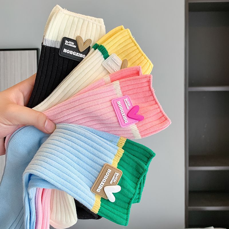 Socks women's tube solid color new cotton double needle color matching women's socks dopamine color wear accessories tide socks wholesale
