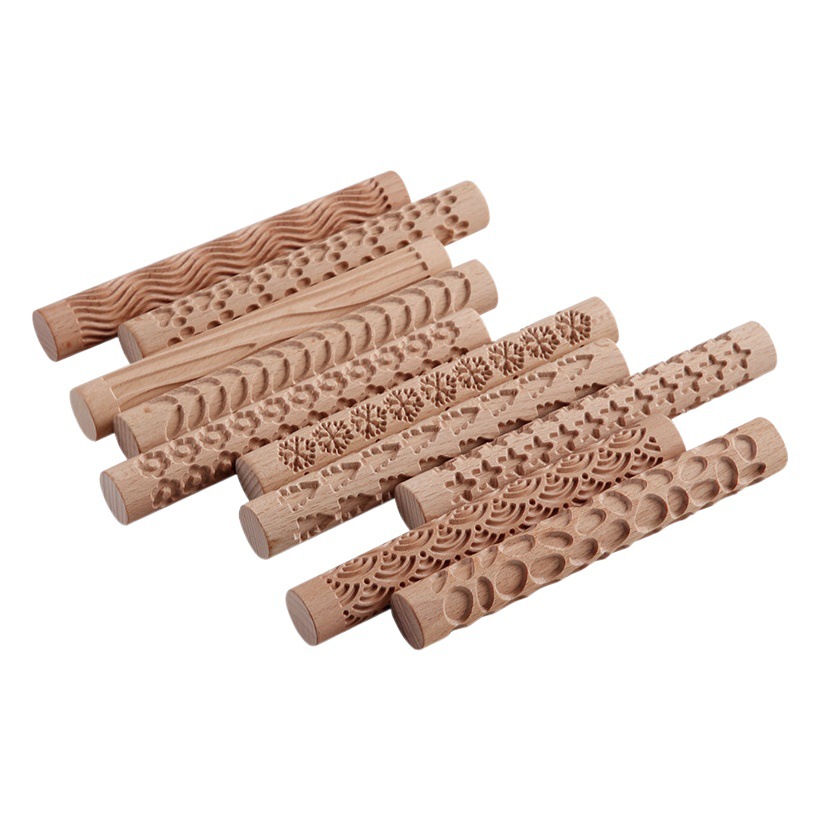 Pottery Tools School Children's Pottery Clay Handmade Wooden Texture Clay Rolling Stamped Stick Pattern Mud Rolling Staff Mudboard Wooden Stick