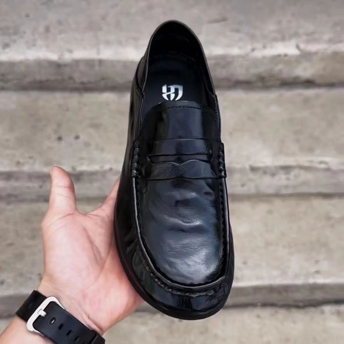 Spring 2025 Men's Slip-on Genuine Leather Hollow Breathable Casual Shoes Korean-style All-match Low-top Men's Shoes Leather Shoes