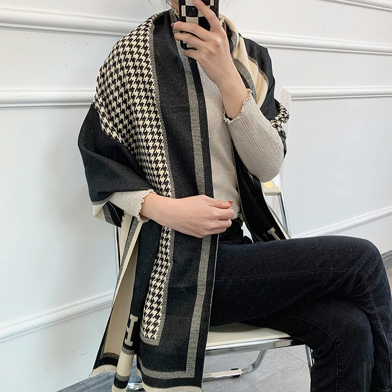 Houndstooth Scarf Women's Autumn and Winter All-match Retro Cashmere Warm Neck Long Thickened Air Conditioning Large Shawl